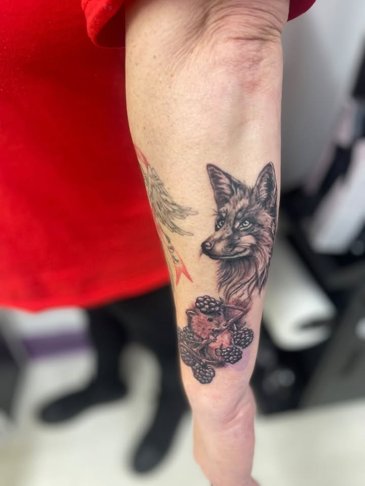 Fox and hedgehog with blackberries tattoo
