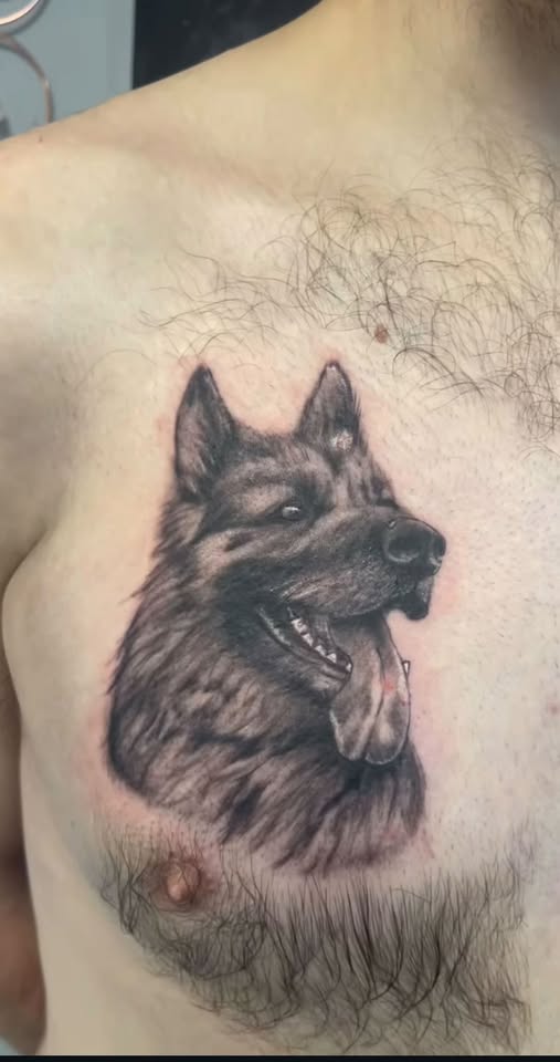 Realistic dog portrait chest tattoo